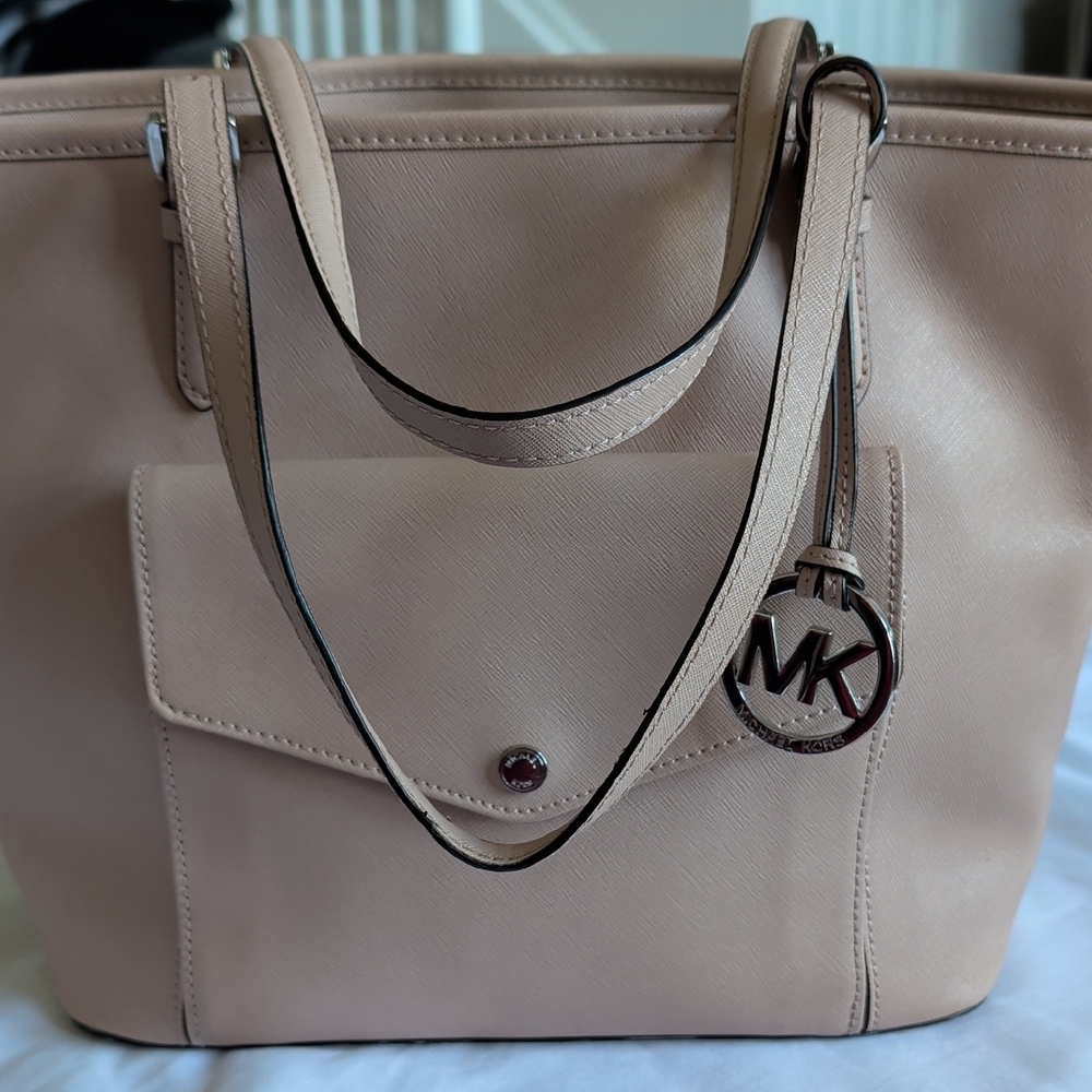 Michael Kors Neutral Beige Saffiano Leather Tote with MK Charm